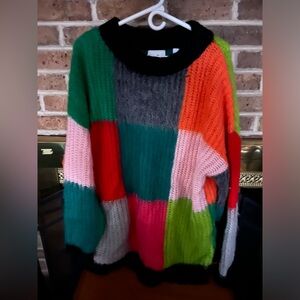 Ladies Large Collusion bright color block fun crewneck chunky knit sweater